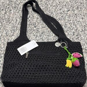 The Sak Black Crochet Shoulder Bag with Fruit Charm